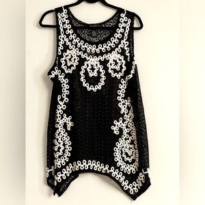 Black Crochet Swim Cover-Up with White Embroidery